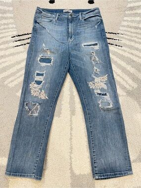 Guess Light Blue Distressed Straight Leg Jeans with Floral Embroidery